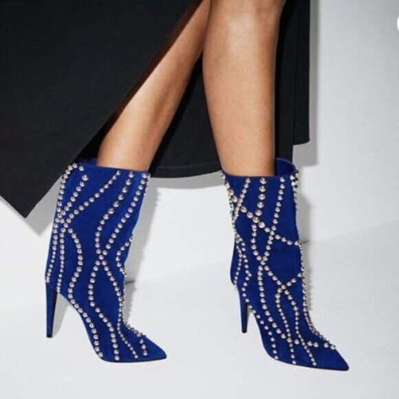 FSJ Women Stiletto Heel Pointed Toe Rivets Ankle Boots Pull On Fashion Blue Shoe